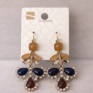 Stony Multi Stone Statement Earrings Navy Brown Gold Tone, NWT